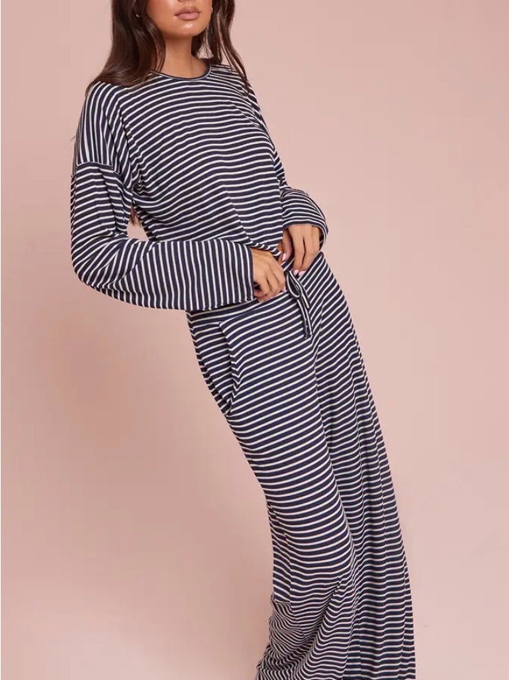 PrettyLittleThing Navy & White Striped Long Sleeve Lounge Set